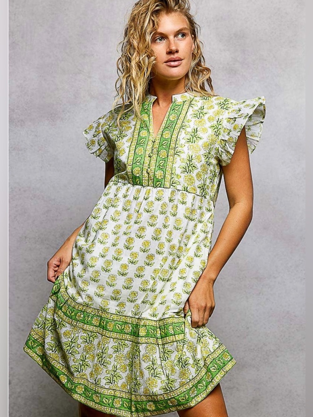 POL Floral Hand Block Print Boho Ruffle Sleeve Knee Length Dress NWT Size Medium